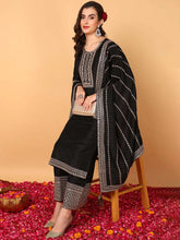 Women Black Silk Blend Solid Embroidered Straight Kurta Palazzo With Dupatta